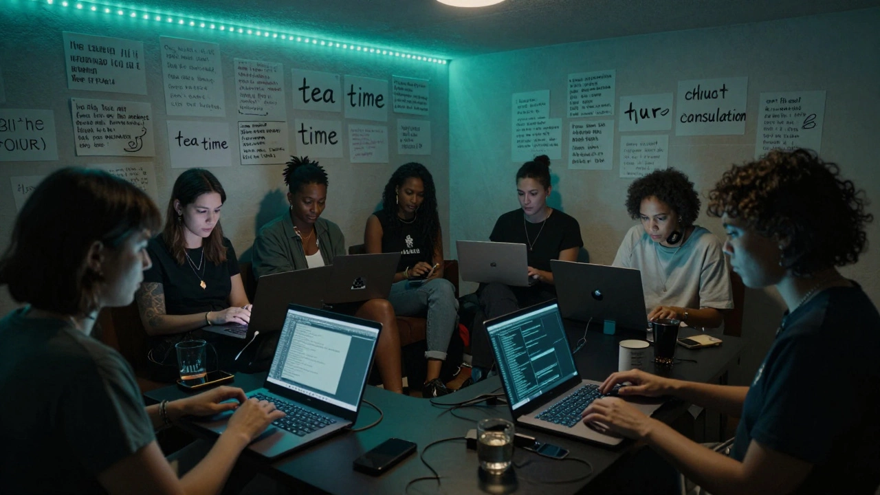 A group of sex workers coding on laptops in a basement, surrounded by coded phrases on the walls.