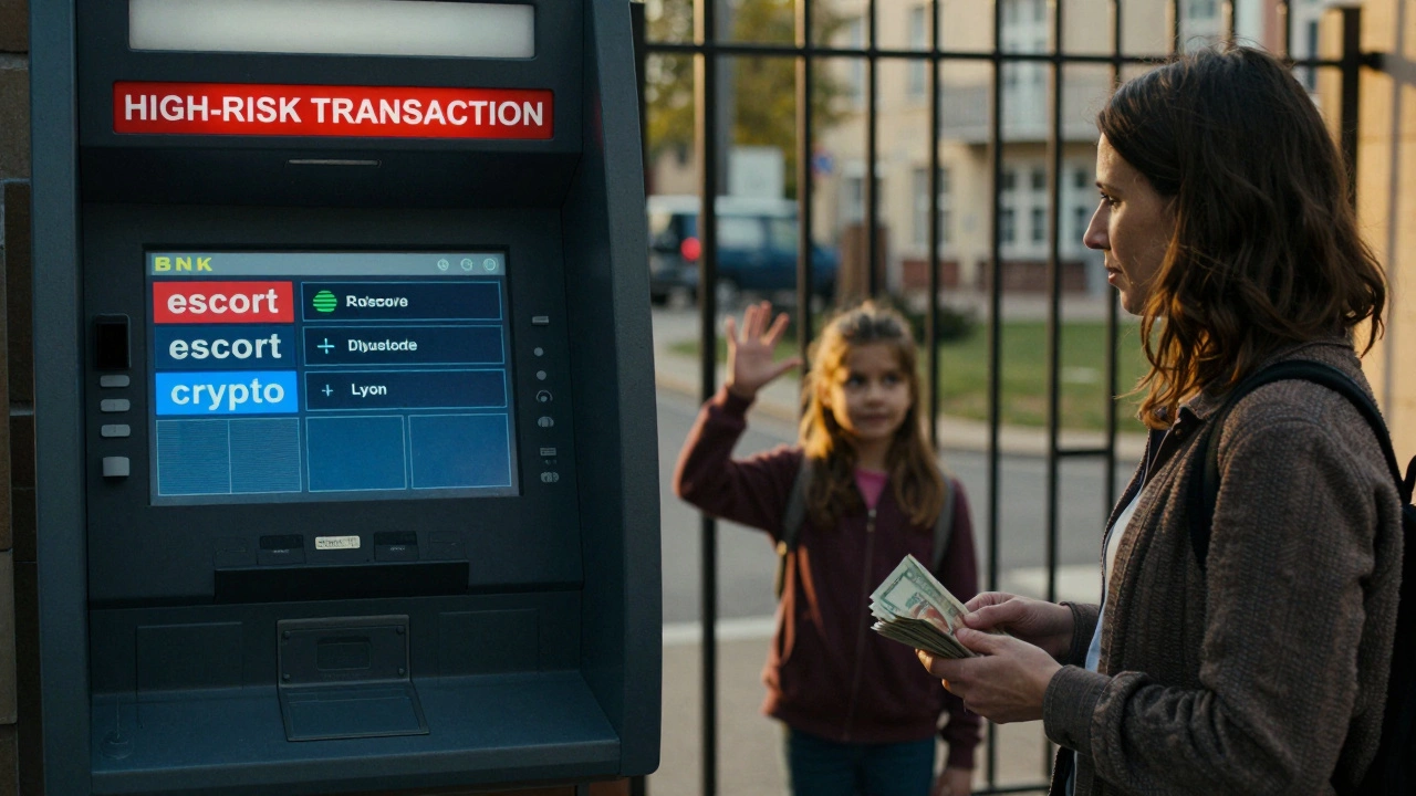 A single mother holding cash while a bank screen flashes a high-risk transaction alert.